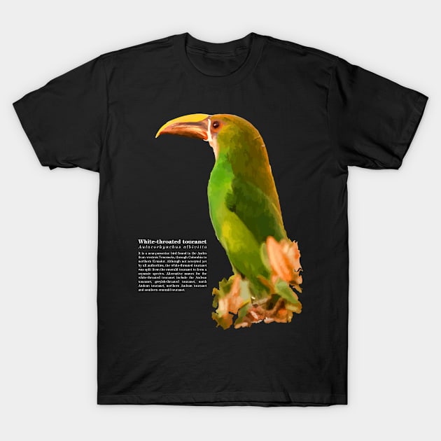 White-throated toucanet tropical bird on top of a tree white text T-Shirt by Ornamentum